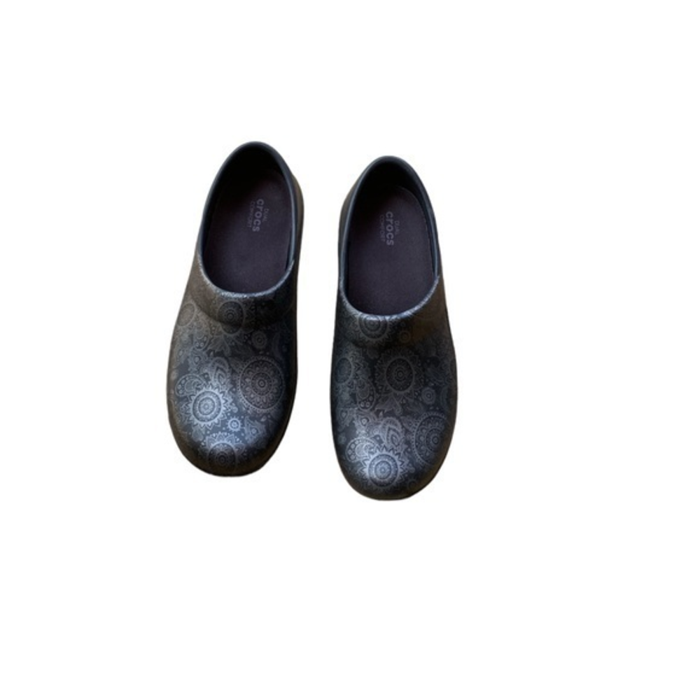 Crocs Women’s‎ Felicity Graphic Clogs Black Silver Floral Shoes Women's Size 8